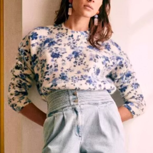 BEST Sezane Amaya Jumper Peonies Blue Ecru Ivory Floral Sweater Kid Mohair Frenc - Picture 4 of 13